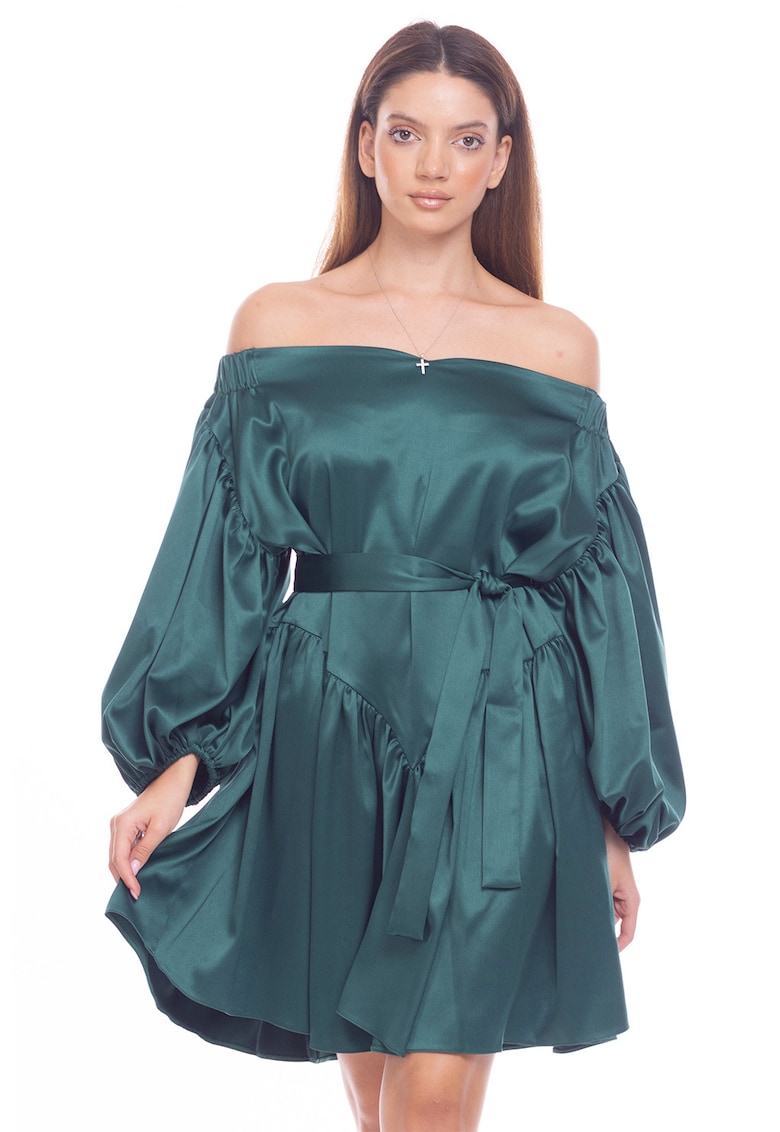 Rochie cu decolteu pe un umar si brau in talie - Verde inchis