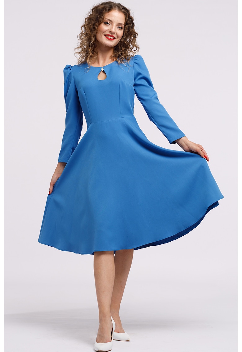 Rochie cu maneci lungi si decupaj keyhole - Albastru pastel