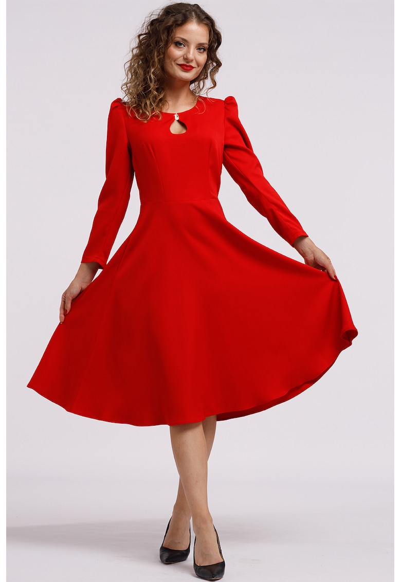 Rochie cu maneci lungi si decupaj keyhole - Rosu