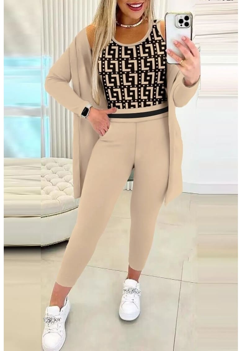 Set cardigan si pantaloni skinny - bej natural - talie inalta