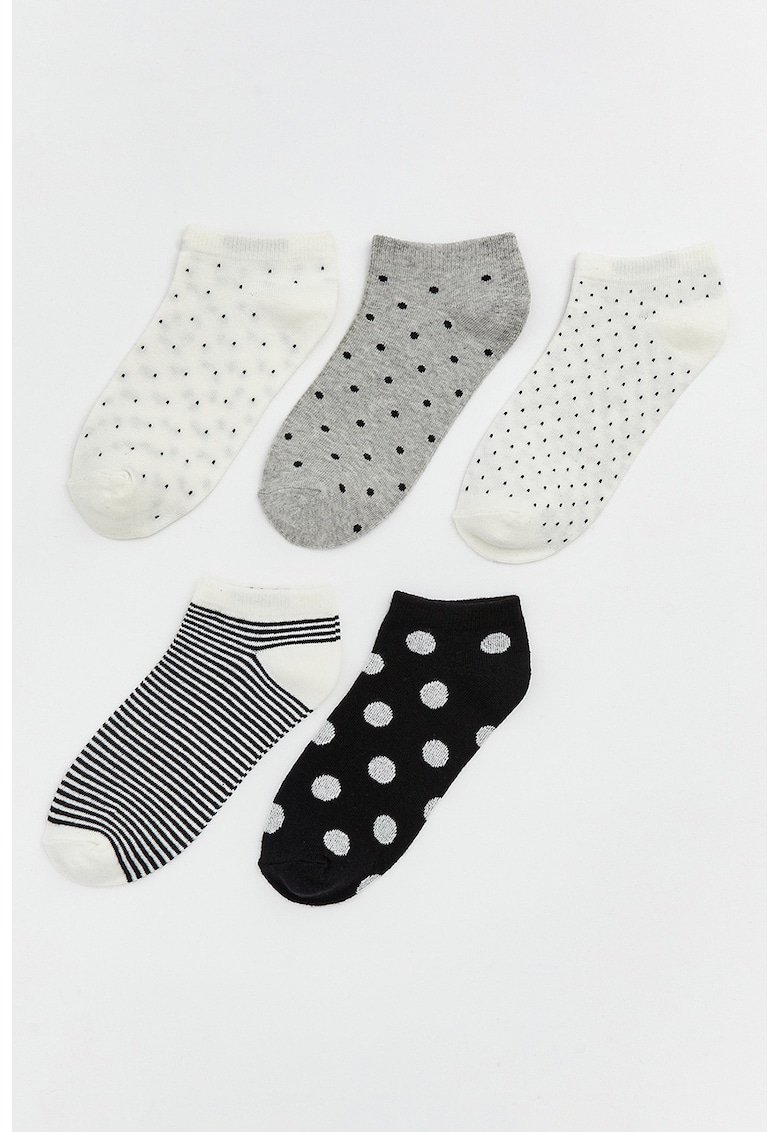 Set de sosete scurte cu model - 5 perechi - Alb/Negru/Gri melange