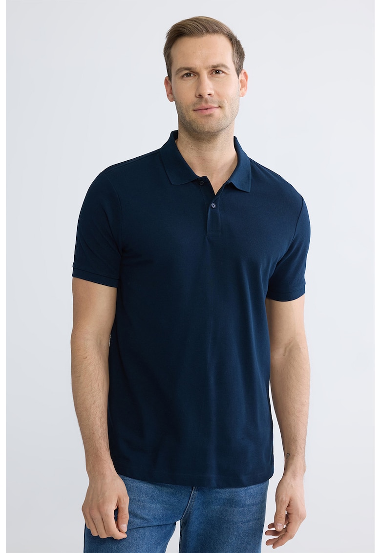Tricou polo din bumbac pique regular fit - Bleumarin