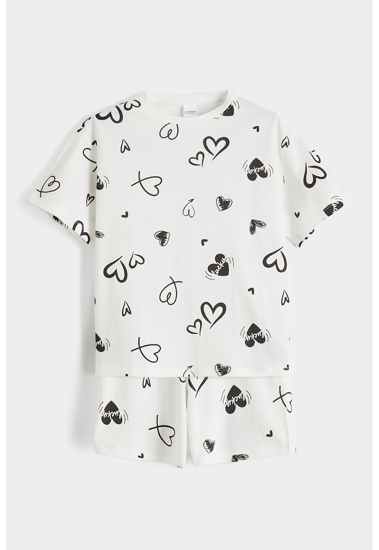 Pijama din bumbac cu pantaloni scurti si model inimi - Negru/Alb murdar