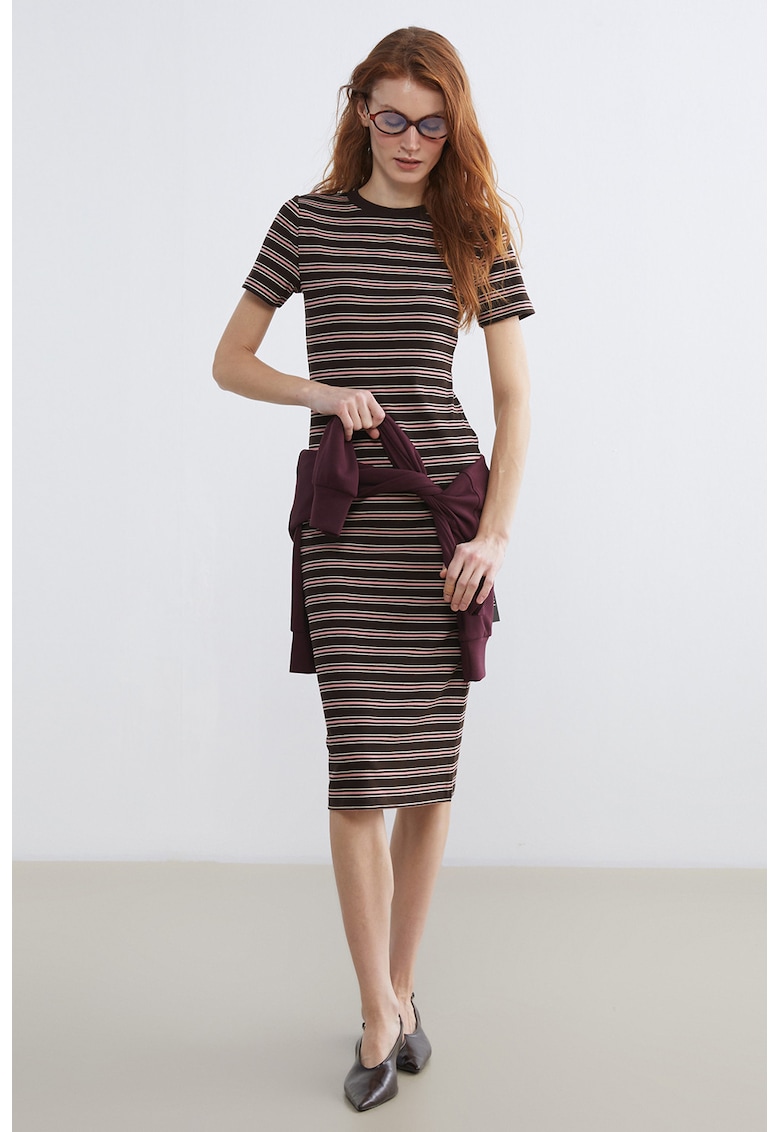 Rochie midi cu striatii si dungi - Alb/Maro inchis/Roz deschis