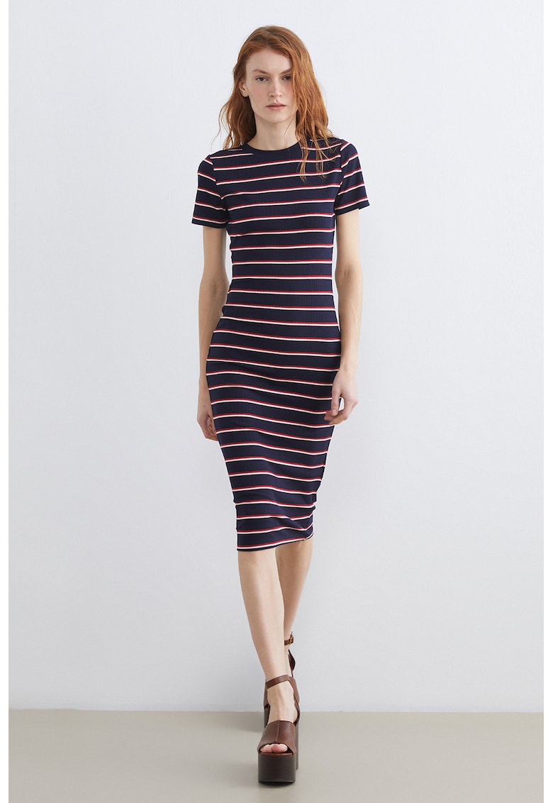 Rochie midi cu striatii si dungi - Rosu/Alb/Albastru ultramarin