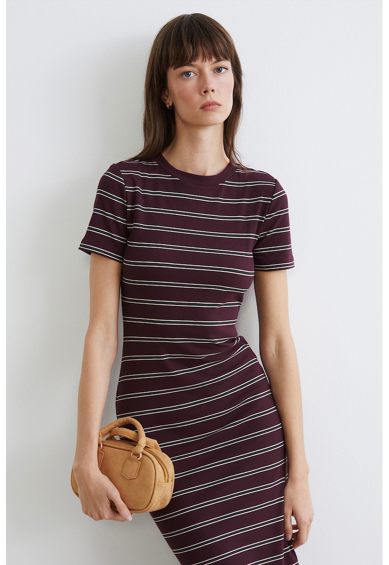 Rochie midi cu striatii si dungi - Alb/Verde inchis/Violet tyrian