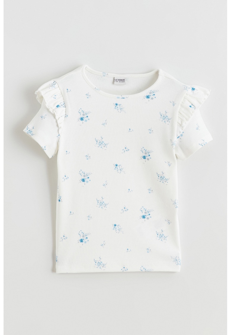 Tricou striat cu model floral - Alb/Albastru deschis