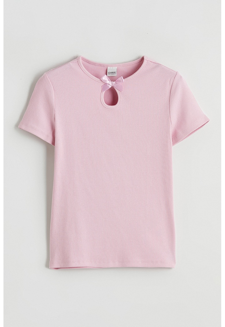 Tricou uni din amestec de bumbac cu decupaj decorativ - Roz deschis