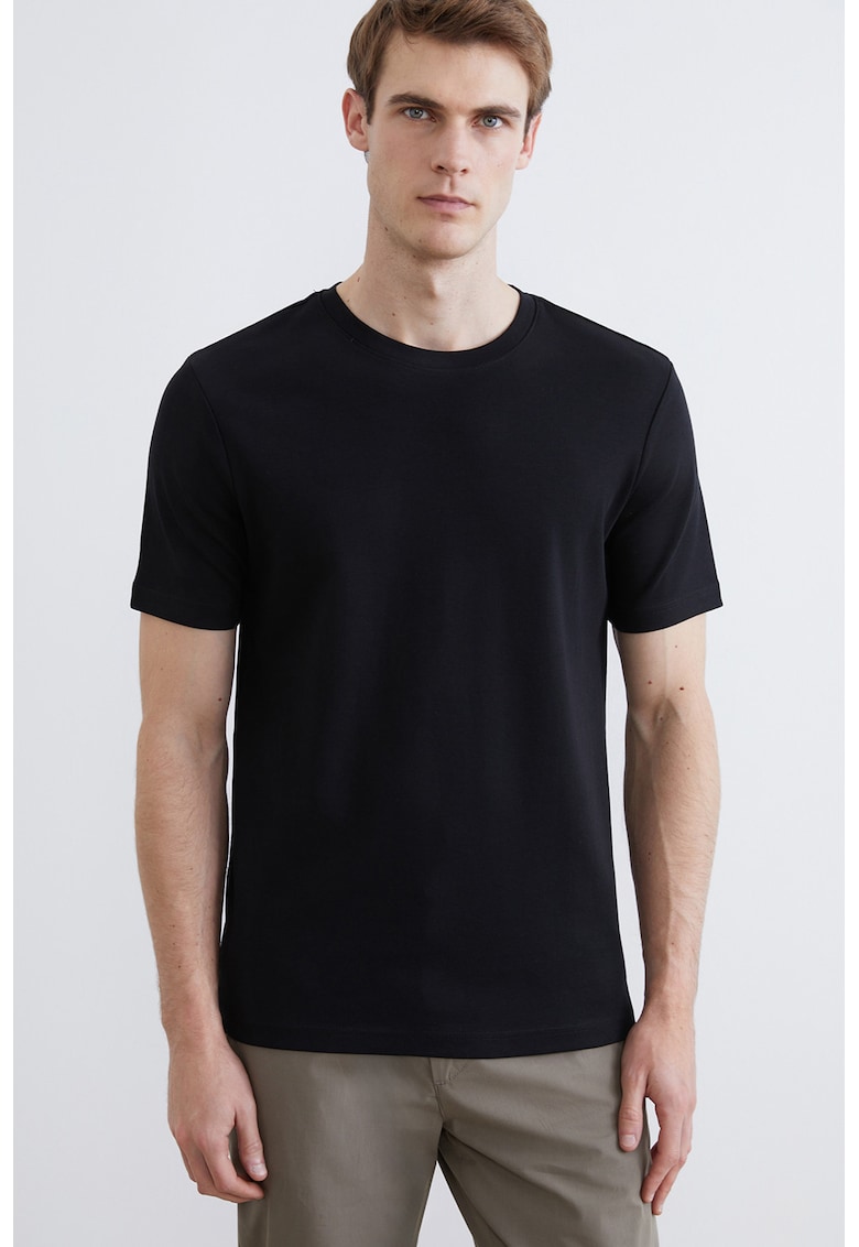 Tricou uni din bumbac cu decolteu rotund - Negru