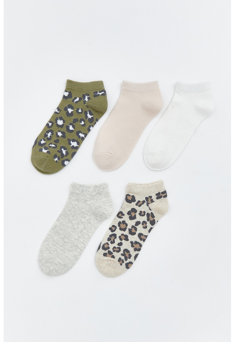 Set de sosete cu animal print - 5 perechi - Alb/Kaki/Bej deschis