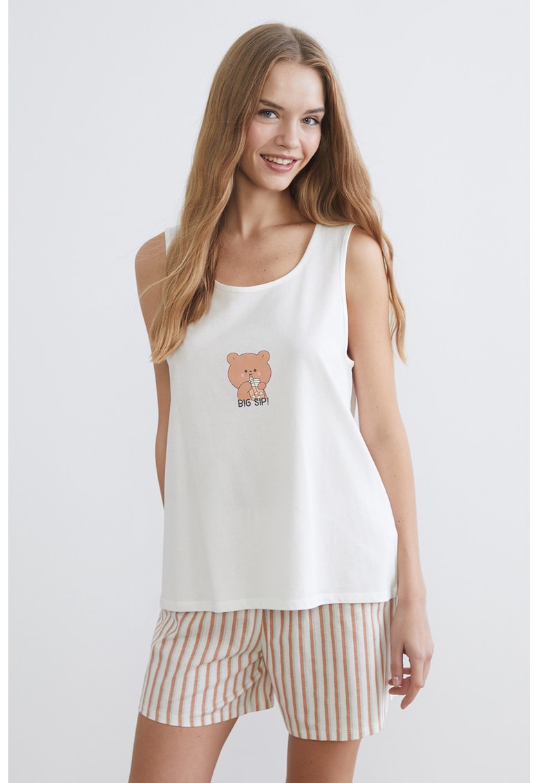 Pijama de bumbac cu pantaloni scurti si imprimeu - Alb/Roz somon