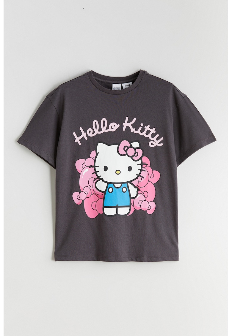 Tricou de bumbac cu imprimeu Hello Kitty - Alb/Roz pastel/Gri inchis