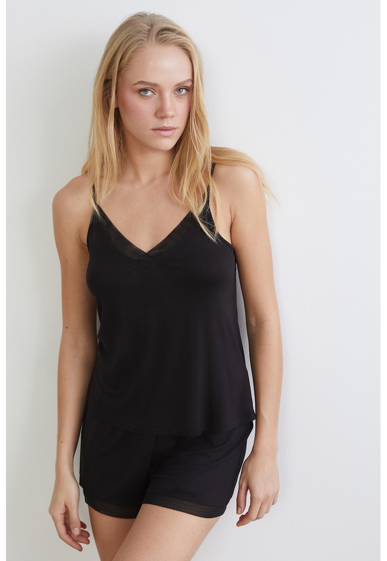 Pijama cu pantaloni scurti de pijama cu detalii din tul - Negru
