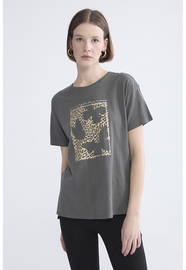 Tricou de bumbac cu animal print - Kaki/Maro camel
