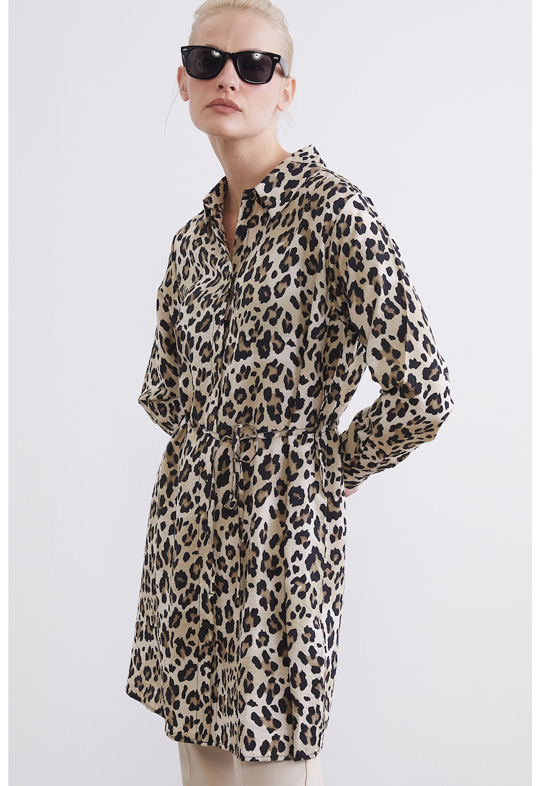 Rochie-camasa cu animal print - Negru/Maro taupe/Maro camel