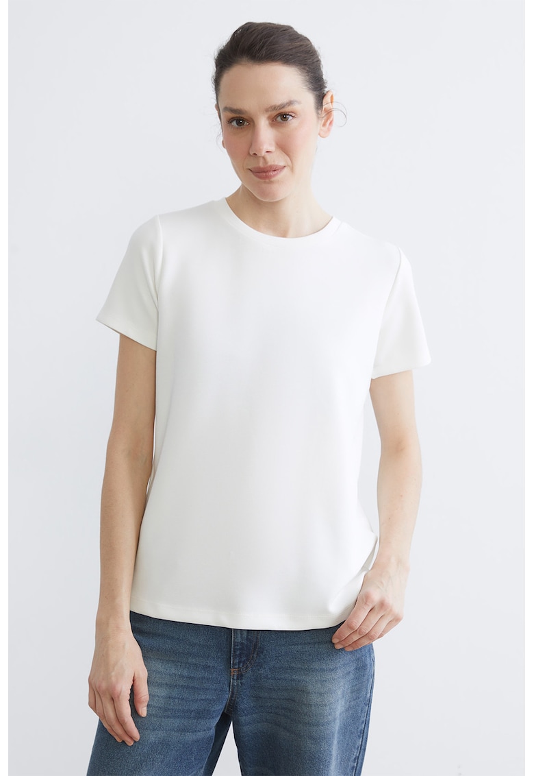 Tricou uni cu decolteu la baza gatului - Alb murdar