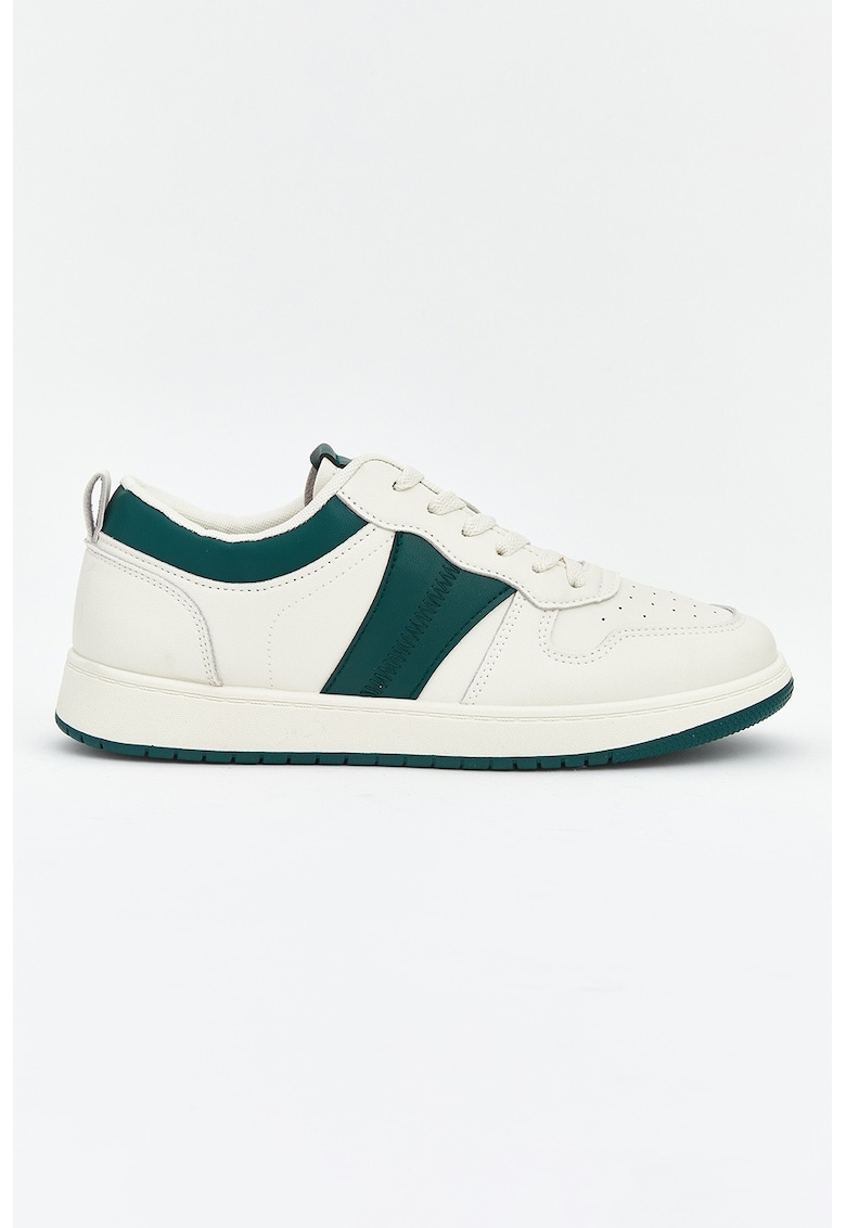 Pantofi sport din piele ecologica cu detalii perforate - Verde padure/Alb murdar