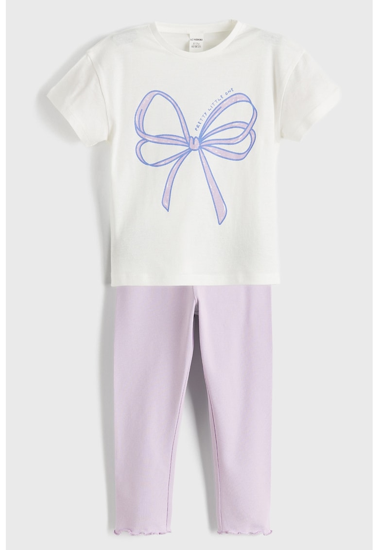 Set de tricou cu imprimeu si colanti cu model uni - 2 piese - Lila/Alb murdar