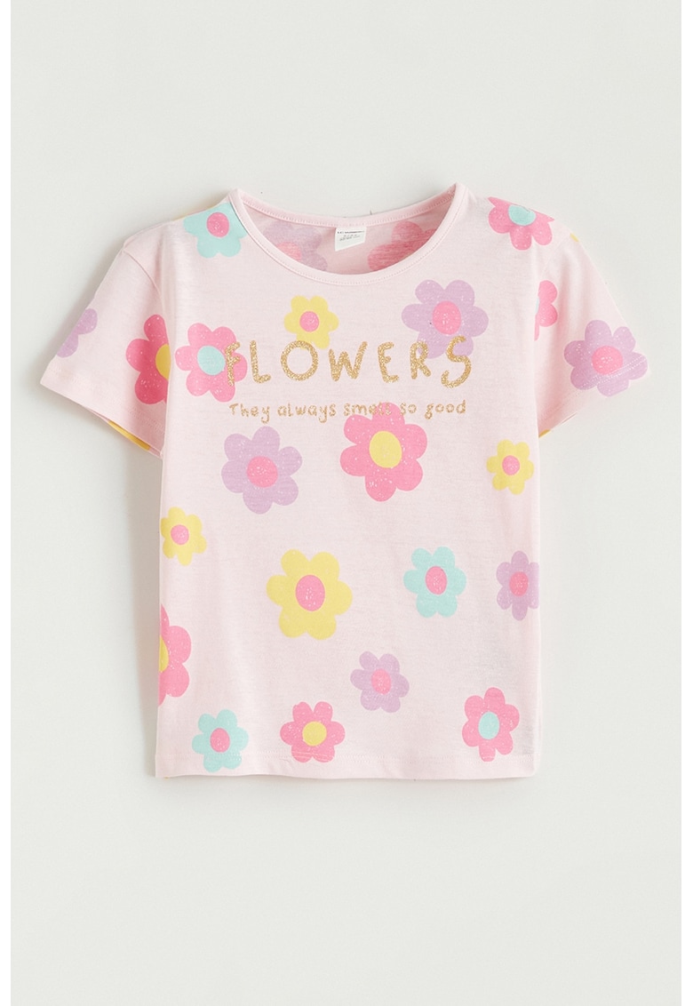 Tricou din bumbac cu model floral - Roz pastel