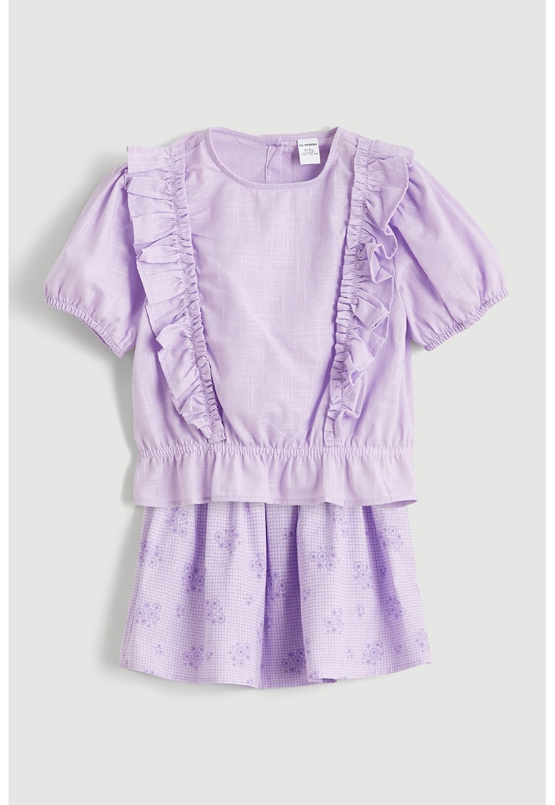 Set de bluza cu maneci scurte - volane si fusta mini cu model floral - 2 piese - Violet