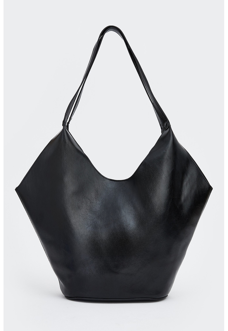Geanta shopper din piele ecologica cu inchidere cu capsa - Negru