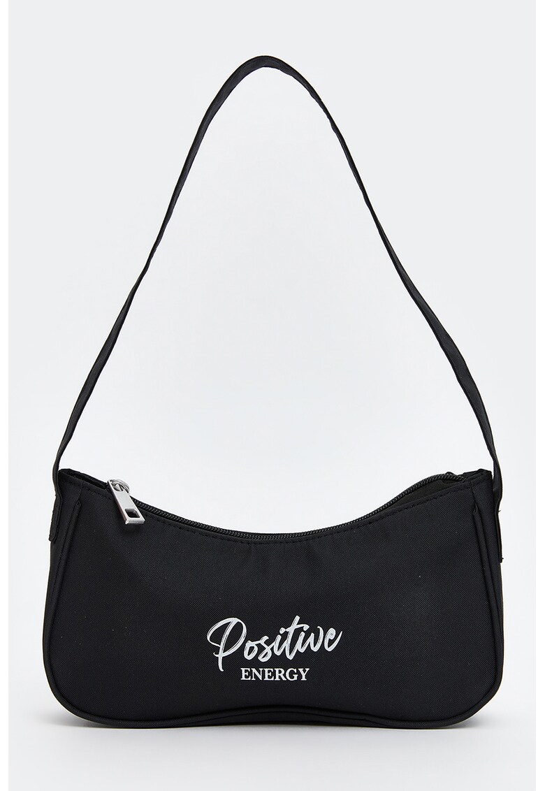 Geanta baguette din material textil cu imprimeu text - Negru