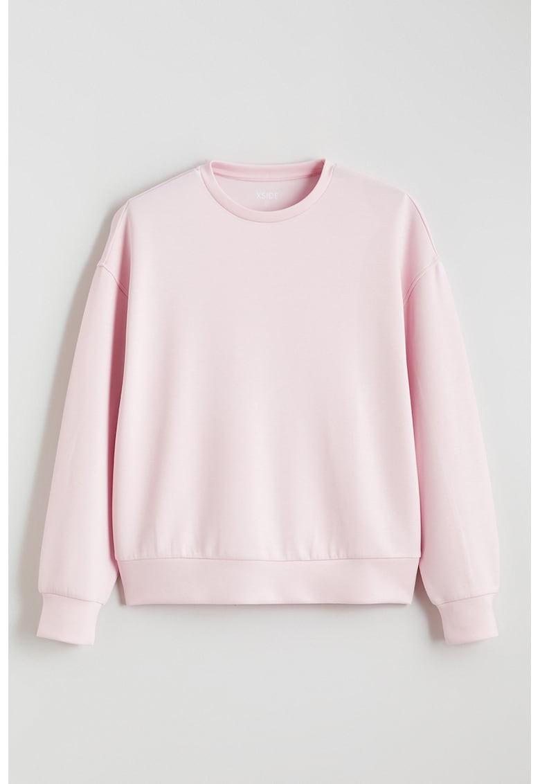 Bluza de trening cu decolteu la baza gatului si model uni - Roz pastel