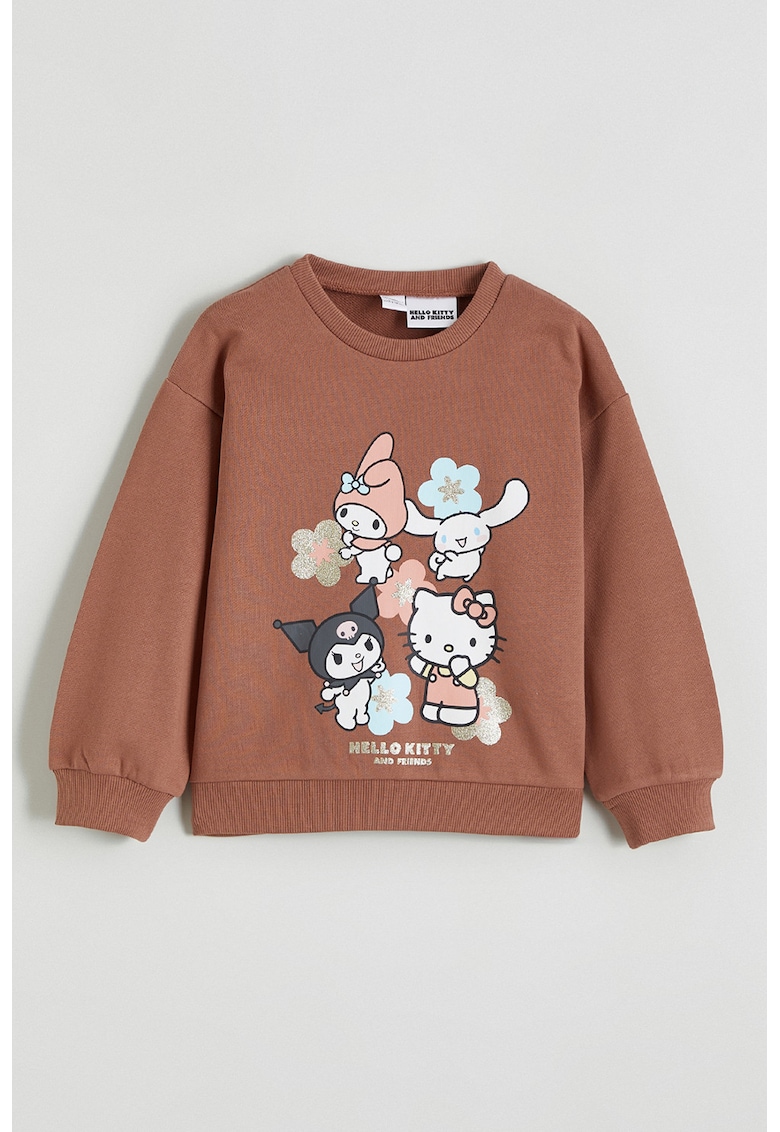 Bluza de trening cu decolteu la baza gatului si model grafic - Maro deschis