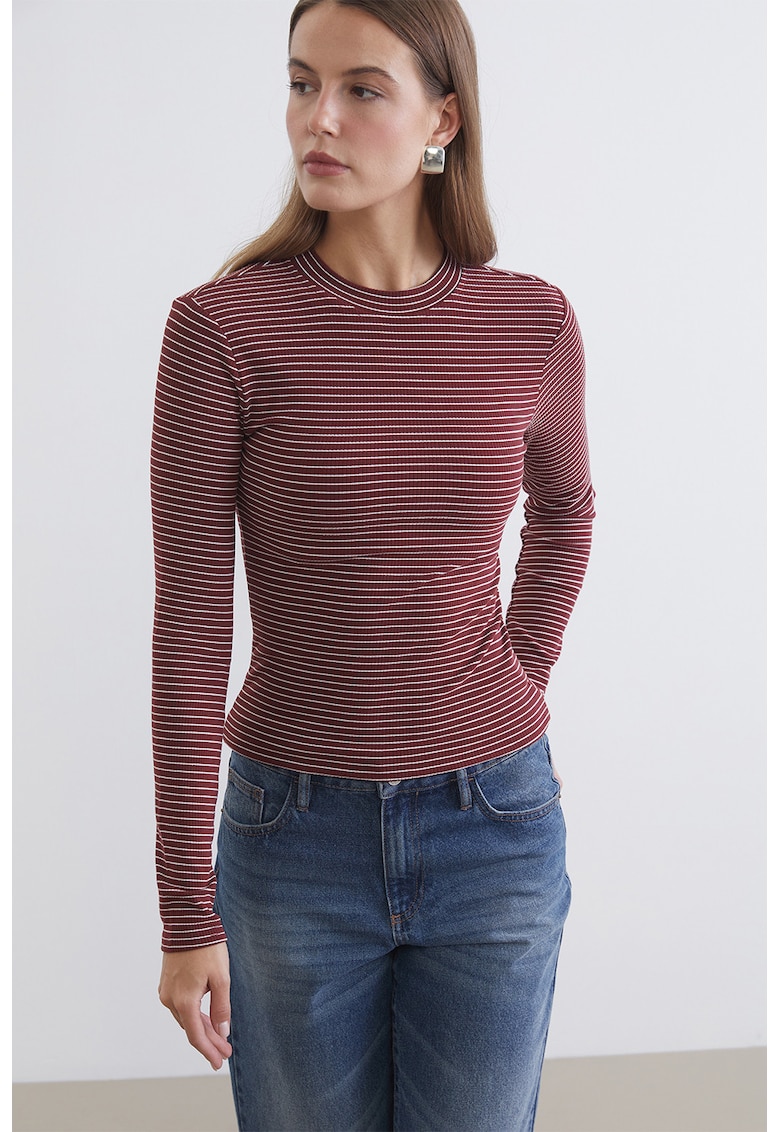 Bluza slim fit in dungi - Alb/Rosu inchis