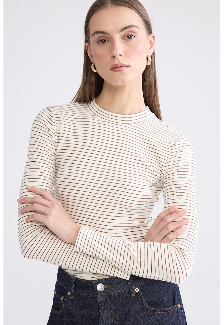 Bluza slim fit in dungi - Alb/Maro camel
