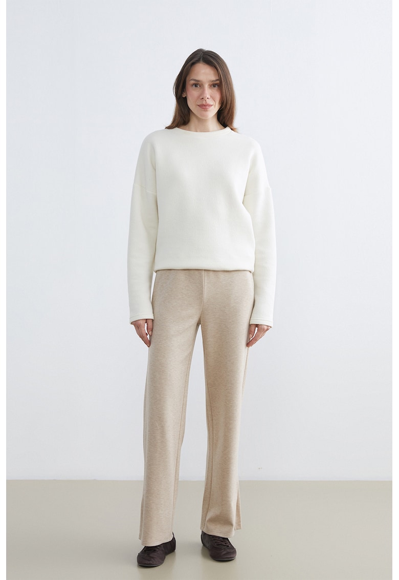 Pantaloni cu talie medie si model uni - Bej deschis