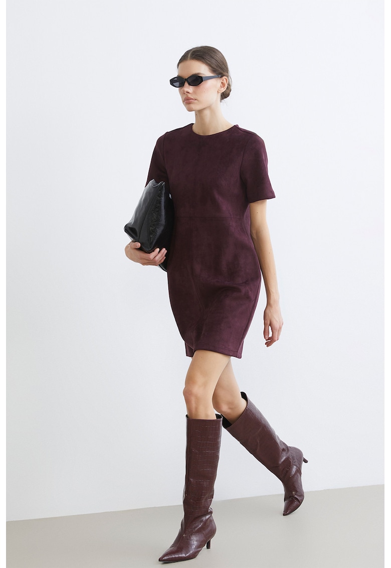 Rochie scurta din piele intoarsa ecologica cu fermoar pe partea din spate - Rosu inchis
