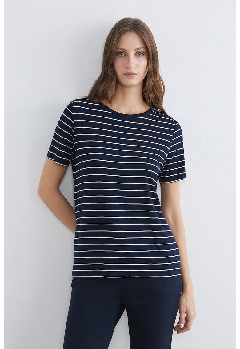 Tricou cu decolteu la baza gatului si dungi - Alb/Bleumarin