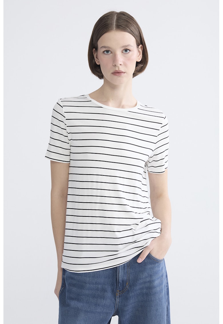 Tricou cu decolteu la baza gatului si dungi - Alb/Negru