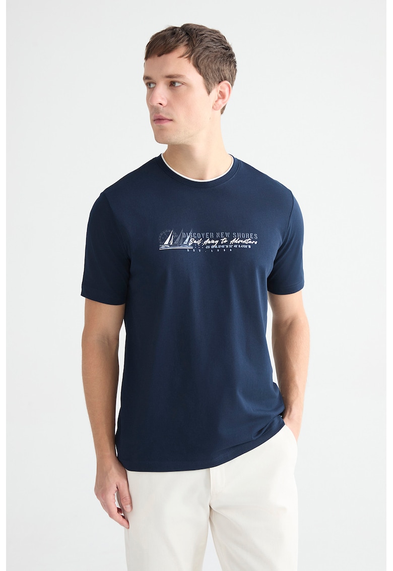 Tricou din bumbac cu decolteu la baza gatului - Alb/Albastru ultramarin