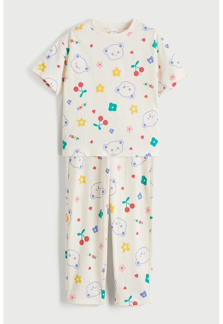 Pijama din bumbac cu design grafic - Verde/Alb fildes/Galben