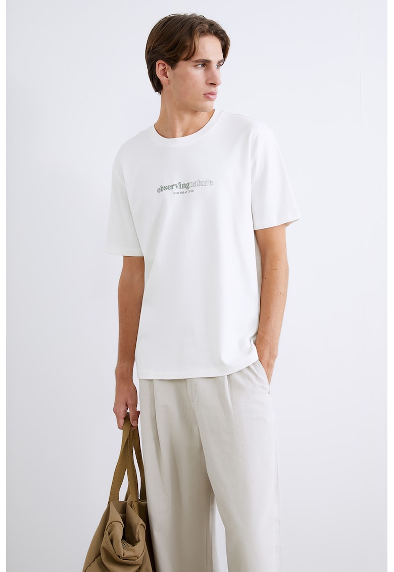 Tricou cu decolteu la baza gatului si design text - Alb/Verde