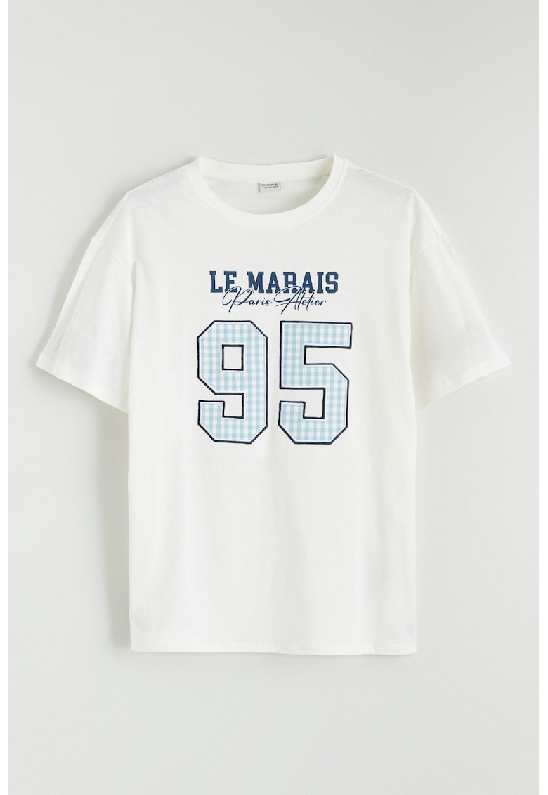 Tricou din bumbac cu imrpimeu text pe partea din fata - Alb fildes/Albastru deschis