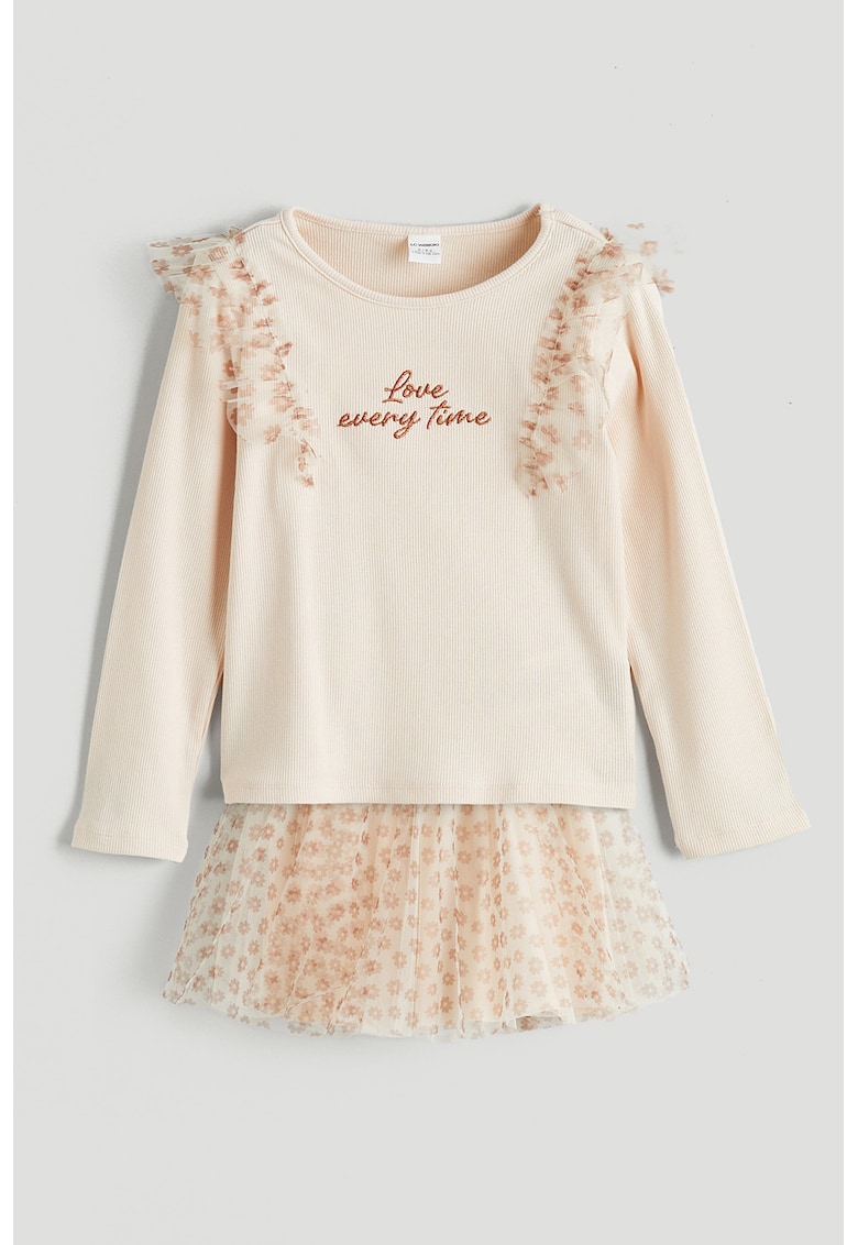 Set de bluza striata cu model floral si fusta din tul - 2 piese - Portocaliu pastel