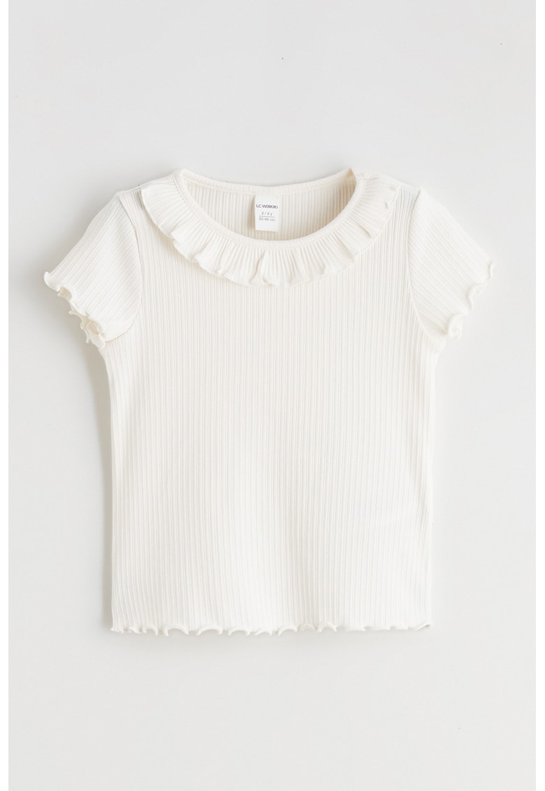 Tricou striat cu guler cu volan - Alb fildes