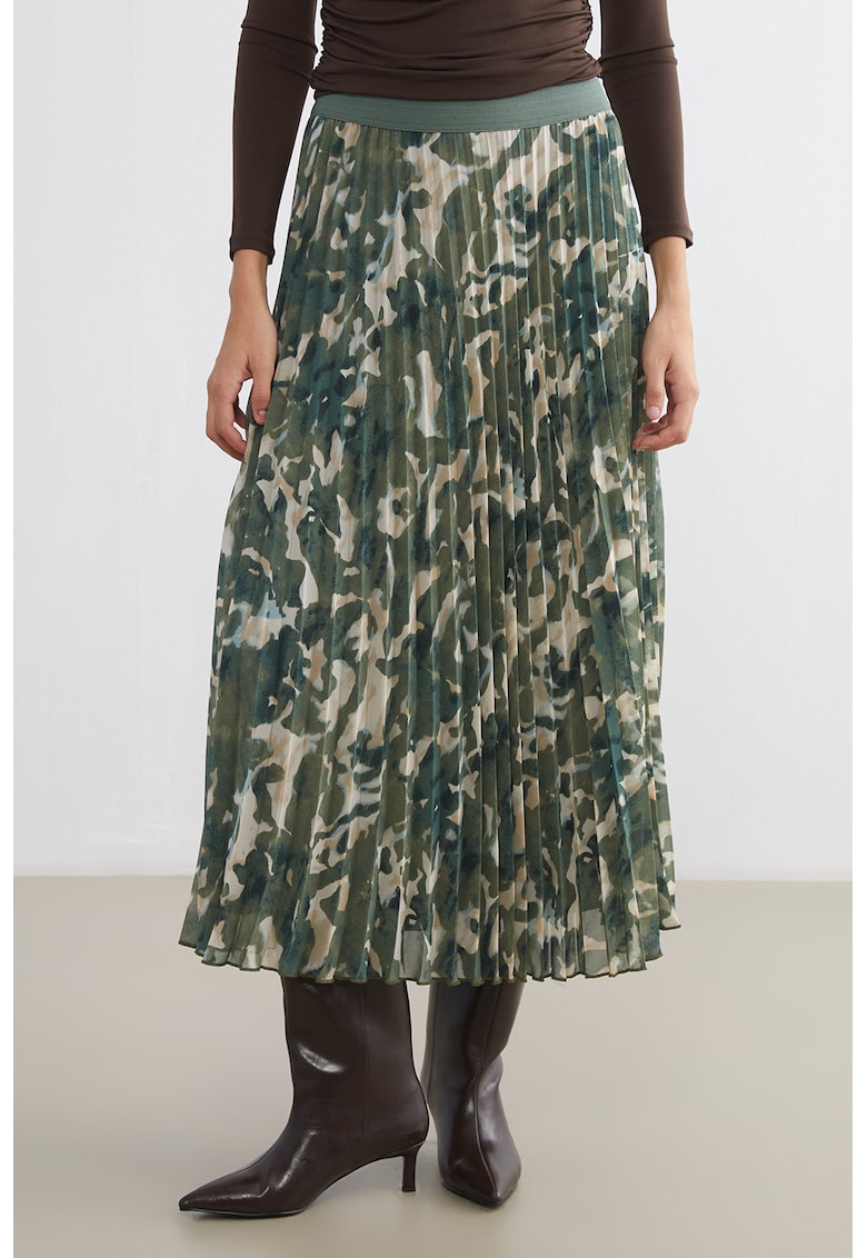 Fusta plisata cu banda elastica in talie si model - Verde masliniu inchis/Verde persan/Bej deschis