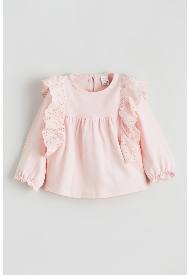 Set de bluza cu volane si colanti striati cu model floral - 2 piese - Roz pastel/Bej