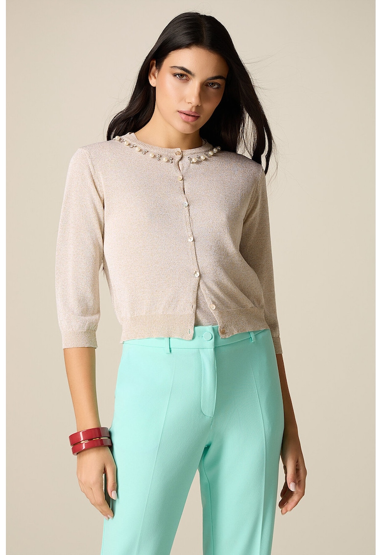 Cardigan tricotat cu aplicatie cu margele - Bej deschis