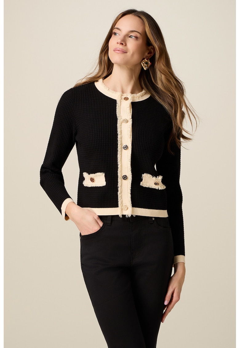 Cardigan cu aspect texturat si nasturi contrastanti - Negru/Crem