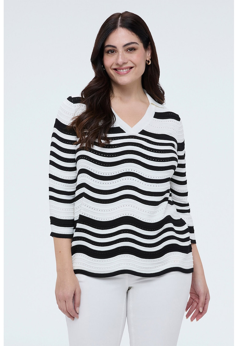 Pulover cu decolteu in V si dungi - Alb/Negru