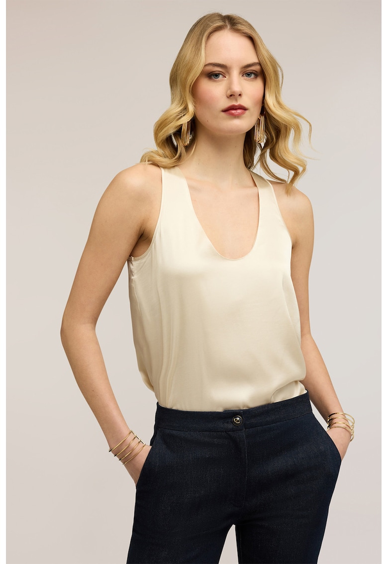 Top de satin cu decolteu adanc - Bej deschis