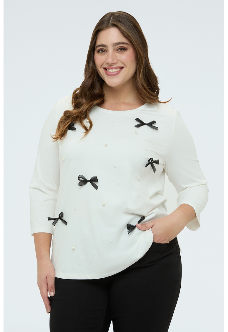 Bluza cu maneci 3/4 - funde si aplicatii din margele - Alb