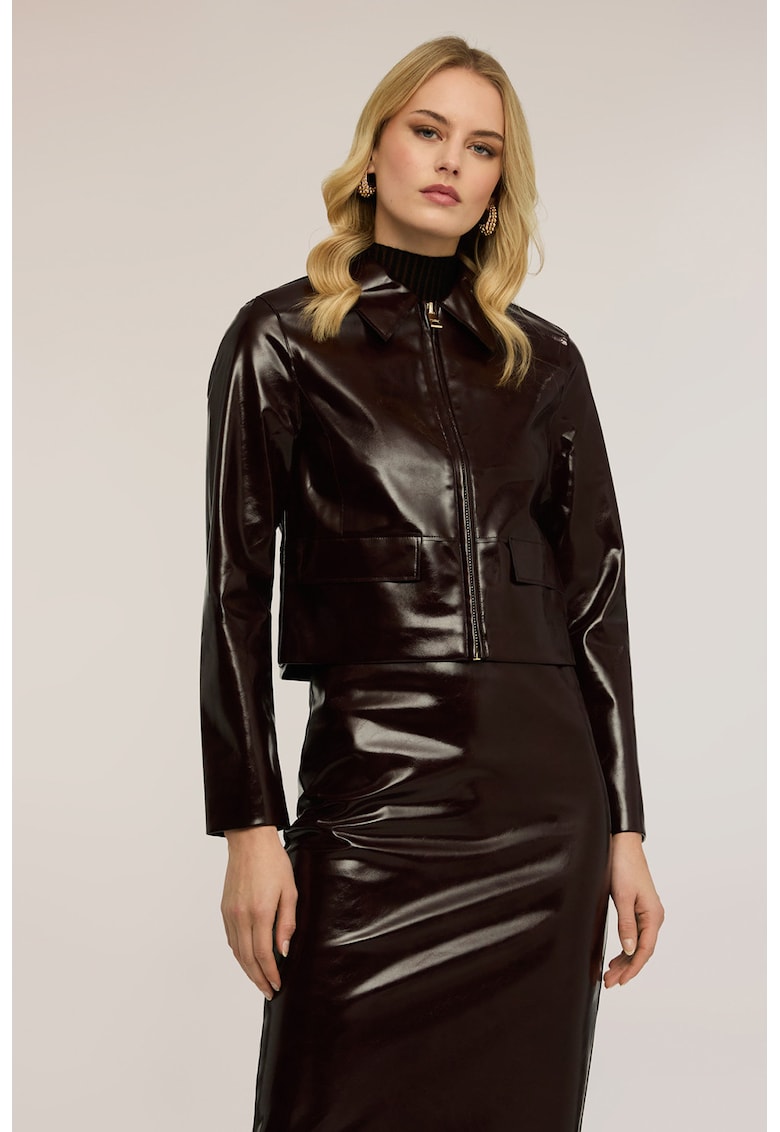 Jacheta biker din piele ecologica cu fermoar - Maro inchis