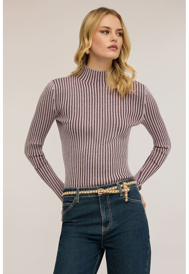 Bluza striata slim-fit cu guler mediu - Maro/Alb murdar