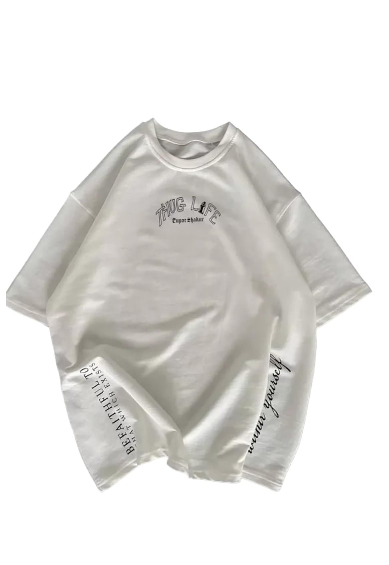 Tricou dama - supradimensionat - imprimeu pe spate - bumbac/poliester/elastan - alb